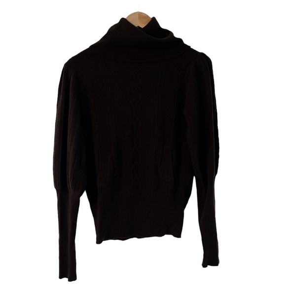 Alice + Olivia Brown Cable Knit Puff Sleeve Cashmere Turtleneck Sweater - Picture 2 of 9